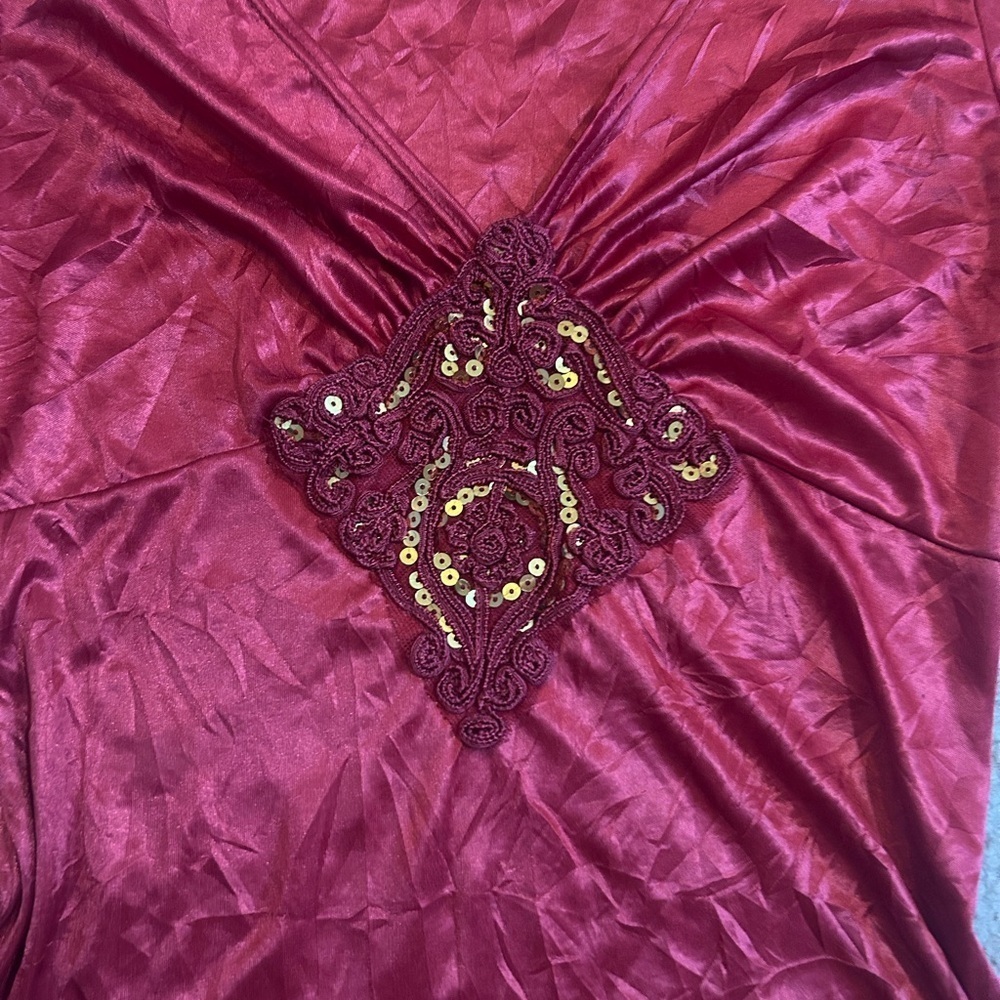 90’s Mikk Couture Elegant Satin Red Long Sleeve Wrap Bust Top Sequin - Picture 3 of 8